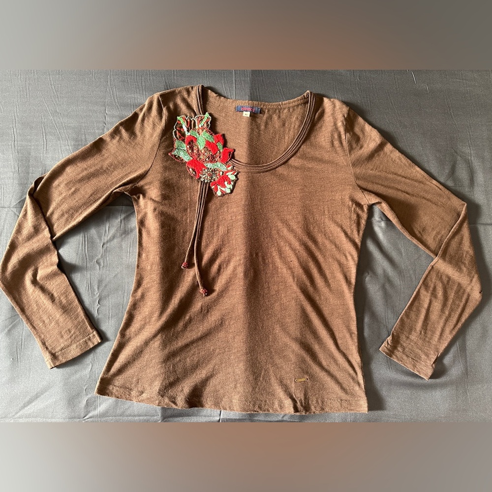Kenzo Brown Blouse with Red and Green Floral Accent